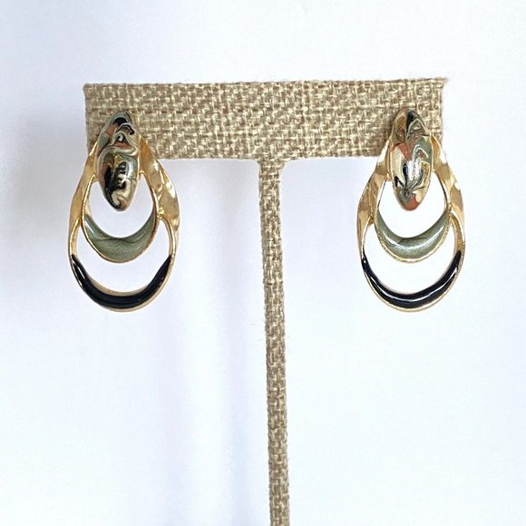 Green Pink Black Enamel Double Loop Metal Gold Tone Pierced Earrings 1.5in - Picture 6 of 9